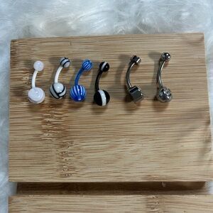 Set of 6 Belly Button Rings Black, Blue, and White. Silver Stainless Steel Rings